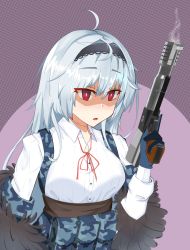 Rule 34 | 1girl, blue gloves, blue hair, breasts, commentary, english commentary, english text, firing, fur trim, girls&#039; frontline, gloves, gun, hairband, handgun, highres, holding, holding gun, holding weapon, long hair, muzzle device, open mouth, pouch, prototype design, red eyes, rifle-caliber handgun, rifle-caliber pistol, silver hair, smoke, snafu (snafy snu), solo, staring, tactical clothes, thunder (girls&#039; frontline), triple action, triple action thunder, vest pouch, weapon, yandere