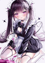 Rule 34 | 1girl, @ @, absurdres, accident, apron, between legs, black bow, black bowtie, black dress, bow, bowtie, breasts, broken cup, cleavage, cleavage cutout, clothing cutout, cup, demon tail, dress, earrings, eyes visible through hair, frilled apron, frills, garter straps, hair ornament, hand between legs, heart, heart cutout, heart earrings, heart hair ornament, highres, holding, holding cup, jewelry, long hair, long sleeves, maid, maid headdress, medium breasts, nail art, nail polish, no shoes, original, purple eyes, purple hair, sidelocks, simple background, sitting, solo, spill, tail, tearing up, thighhighs, twintails, very long hair, wariza, white apron, white thighhighs, yunmi 0527