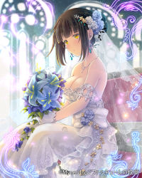 Rule 34 | 1girl, blue flower, blurry, blurry background, bouquet, breasts, brown hair, cleavage, closed mouth, dress, falkyrie no monshou, flower, gloves, hair between eyes, holding, holding bouquet, indoors, jewelry, large breasts, long dress, necklace, purple flower, short hair, sitting, sleeveless, sleeveless dress, solo, soukuu kizuna, striped clothes, striped dress, wedding dress, white dress, white gloves, yellow eyes
