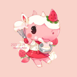 Rule 34 | 1girl, animal crossing, apron, arm up, artist name, ascot, black eyes, blush, blush stickers, bow, bowl, buttons, closed mouth, commentary, dated, english commentary, eyelashes, food, fruit, furry, furry female, holding, holding bowl, holding whisk, horns, matchaneko, merengue (animal crossing), mixing bowl, nintendo, pink background, red apron, red ascot, red bow, rhinoceros girl, shirt, short sleeves, simple background, smile, solo, strawberry, waist apron, whipped cream, whisk, white shirt