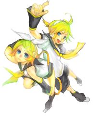 Rule 34 | 1boy, 1girl, bad id, bad pixiv id, blonde hair, blue eyes, brother and sister, hair ornament, hair ribbon, hairclip, headphones, kagamine len, kagamine rin, necktie, ribbon, short hair, shorts, siblings, simple background, tcb, twins, vocaloid, yellow necktie