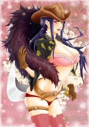Rule 34 | 1girl, belt, blue hair, bra, breasts, cleavage, cowboy hat, earrings, gloves, hat, highres, jewelry, large breasts, midriff, nico robin, one piece, one piece film: z, pink bra, pink thighhighs, smile, solo, thighhighs, underwear