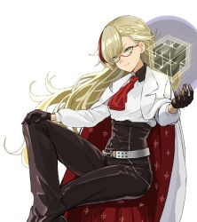 Rule 34 | 1girl, ascot, bespectacled, black gloves, black legwear, black pants, blonde hair, braid, breasts, closed mouth, coat, coat on shoulders, cube, escape0110, feet out of frame, floating, floating object, formal, french braid, glasses, gloves, green eyes, hair between eyes, hand on own knee, highres, long hair, long sleeves, looking at viewer, multicolored hair, nahtnaught, pant suit, pants, shadowverse, shirt, simple background, sitting, small breasts, smile, solo, streaked hair, suit, very long hair, white background, white coat, white shirt