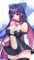 Rule 34 | 1girl, absurdres, alternate costume, angel, angel wings, bare shoulders, black dress, black nails, blue eyes, blue sky, bow, breasts, clothes lift, colored inner hair, commentary, cropped legs, darkmoney, dress, english commentary, feathered wings, hair bow, halo, heart, highres, jewelry, large breasts, lifting own clothes, lips, looking at viewer, multicolored hair, navel, necklace, panty &amp; stocking with garterbelt, parted lips, pink hair, pink lips, purple hair, revealing clothes, skirt, skirt lift, sky, stocking (psg), thighhighs, wings