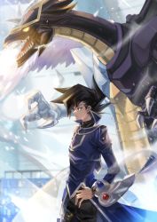 Rule 34 | 1boy, absurdres, black hair, coat, dragon, duel academy uniform (yu-gi-oh! gx), duel disk, duel monster, feet out of frame, from side, gogoshitai, hair between eyes, highres, light and darkness dragon, long sleeves, looking to the side, male focus, manjoume jun, school uniform, shirt, snow, solo, spiked hair, standing, yu-gi-oh!, yu-gi-oh! gx