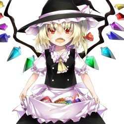 Rule 34 | 1girl, apron, apron basket, apron lift, ascot, blonde hair, blood, blood from mouth, box, candy, candy cane, clothes lift, collarbone, cosplay, cowboy shot, eyebrows, eyelashes, fangs, flandre scarlet, food, gift, gift box, hair ribbon, hat, hat ribbon, kirisame marisa, kirisame marisa (cosplay), looking at viewer, open mouth, piyodesu, puffy short sleeves, puffy sleeves, red eyes, ribbon, short hair, short sleeves, side ponytail, simple background, skirt, skirt basket, skirt set, slit pupils, solo, touhou, white background, wings, witch hat