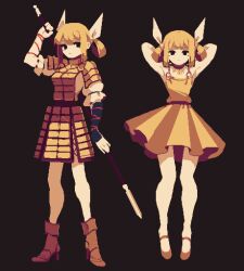 Rule 34 | 2girls, 4qw5, armor, armored dress, belt, black background, black eyes, blunt bangs, breastplate, breasts, brown footwear, clone, collar, double bun, dress, expressionless, frilled shirt, frilled sleeves, frills, hair between eyes, hair bun, hair ribbon, hands on own head, haniwa (statue), high heels, holding, holding polearm, holding weapon, joutouguu mayumi, looking at another, medium breasts, multiple girls, pixel art, polearm, puffy short sleeves, puffy sleeves, red wristband, ribbon, shirt, shoes, short sleeves, shoulder armor, simple background, spear, touhou, vambraces, weapon, weapon on back, white ribbon, white shirt, wristband, yellow armor, yellow dress