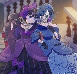 Rule 34 | 2girls, arm grab, bat ornament, black gloves, black hair, blue dress, blue eyes, blue flower, blue hair, blue rose, blunt bangs, blurry, blurry background, bob cut, bow, choker, closed mouth, commentary request, delicious party precure, depth of field, dress, flower, fuwa kokone, gloves, green eyes, grey gloves, hair bow, hair flower, hair ornament, halloween, halloween costume, head tilt, highres, holding, holding mask, jewelry, kasai amane, long dress, long hair, looking at viewer, mask, masquerade mask, miisu (minirose), multiple girls, necklace, off-shoulder dress, off shoulder, partial commentary, precure, print dress, purple bow, purple choker, purple flower, purple rose, rose, short hair, side-by-side, smile, spider web print, standing