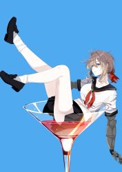 Rule 34 | 10s, 1girl, absurdres, alcohol, alternate costume, ass, black footwear, black sailor collar, black skirt, blonde hair, blue background, blue eyes, blush, braid, breasts, cocktail glass, cup, drinking glass, french braid, full body, hair between eyes, hair ribbon, highres, legs up, loafers, looking at viewer, lying, mechanical arms, mechanical hands, medium breasts, mike.zen, miniskirt, on back, pleated skirt, prosthesis, prosthetic arm, red ribbon, ribbon, sailor collar, school uniform, serafuku, shirt, shoes, short sleeves, single mechanical hand, skirt, solo, violet evergarden, violet evergarden (series), white shirt