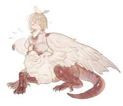 Rule 34 | 1girl, blood, blood on clothes, body fur, chimera, closed eyes, collared shirt, crossed legs, dragon girl, dungeon meshi, falin touden, falin touden (chimera), feathered wings, feathers, full body, gkfdlfdjqtdma, grey hair, hands on own stomach, hashtag-only commentary, hungry, light brown hair, long sleeves, monster girl, object on head, own hands together, shirt, short hair, simple background, solo, spoilers, taur, white background, wings