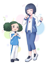 Rule 34 | 10s, 2girls, bad id, bad pixiv id, beamed semiquavers, black eyes, blue hair, blush, closed eyes, crotchet, earth eleven, full body, green hair, height difference, inazuma eleven (series), inazuma eleven go, inazuma eleven go galaxy, jacket, microphone, morimura konoha, multiple girls, music, musical note, open clothes, open jacket, open mouth, pants, quaver, short hair, simple background, singing, sorano aoi, standing, t (toddy t), track jacket, track pants, whistle, white background