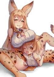 Rule 34 | 10s, 2girls, ;d, aged up, animal ears, bad id, bad pixiv id, blush, bow, bowtie, breast rest, breasts, breasts on head, brown eyes, brown hair, chariot.f, dress, dual persona, elbow gloves, finger to mouth, fur collar, gloves, high-waist skirt, kemono friends, large breasts, long hair, looking at viewer, lying, medium breasts, multiple girls, on stomach, one eye closed, open mouth, print dress, print gloves, print legwear, print neckwear, print thighhighs, serval (kemono friends), serval print, serval tail, shirt, skirt, sleeveless, sleeveless shirt, smile, spread legs, striped tail, tail, thighhighs, v