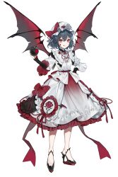 Rule 34 | 1girl, absurdres, apple, bat wings, black footwear, blood, blood on clothes, blood on face, closed mouth, collared dress, daimaou ruaeru, dress, floral print, food, fruit, full body, grey hair, hair between eyes, hat, high heels, highres, holding, holding food, holding fruit, layered sleeves, long sleeves, mob cap, red eyes, red ribbon, red wings, remilia scarlet, ribbon, rose print, short hair, short over long sleeves, short sleeves, simple background, smile, solo, tongue, tongue out, touhou, white background, white dress, white hat, wings