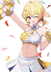 Rule 34 | 1girl, :d, absurdres, ahoge, arm up, armpits, bare shoulders, blonde hair, blue archive, braid, breasts, cheerleader, cleavage, collar, confetti, cowboy shot, crop top, eyelashes, french braid, hair between eyes, halo, hand up, highres, jie lian, kotori (blue archive), kotori (cheer squad) (blue archive), light blush, looking at viewer, medium breasts, midriff, millennium cheerleader outfit (blue archive), navel, one eye closed, open mouth, pleated skirt, pom pom (cheerleading), red eyes, short hair, short twintails, simple background, skirt, smile, solo, standing, twintails, white background, white collar, wink, yellow halo