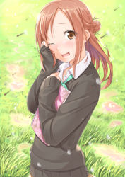 Rule 34 | 10s, 1girl, blouse, blush, brown eyes, brown hair, collared shirt, crying, d;, dandelion seed, day, from side, fujimiya kaori, grassy, hair bun, isshuukan friends, long sleeves, looking at viewer, miri (ago550421), notebook, one eye closed, open mouth, outdoors, puddle, school uniform, shirt, single hair bun, sleeves past wrists, solo, sweater vest, tears, upper body, white shirt, wink