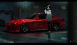 Rule 34 | 1girl, absurdres, artist name, black eyes, black hair, blurry, camera, car, denim, depth of field, fami (yellow skies), food print, garage, green footwear, highres, holding, holding camera, hood, hoodie, indoors, jeans, jitome, letterboxed, motor vehicle, nissan, nissan s15 silvia, nissan silvia, original, pants, photo-referenced, shoes, signature, sneakers, solo, sports car, standing, strawberry print, vehicle focus