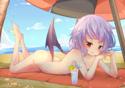 Rule 34 | 1girl, absurdres, barefoot, bat wings, beach, blue hair, breasts, cloud, cup, day, drinking glass, drinking straw, heart, highres, legs up, long ba (fred9116), looking at viewer, lying, nude, ocean, on stomach, outdoors, own hands together, pointy ears, red eyes, remilia scarlet, short hair, sky, small breasts, smile, solo, touhou, towel, umbrella, wings