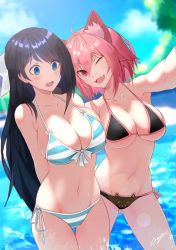 Rule 34 | 2girls, ;d, animal ears, armpits, arms behind back, bad id, bad pixiv id, bare arms, bare shoulders, bikini, black bikini, black hair, blue bikini, blue eyes, blue sky, blurry, blurry background, blush, bow, breast press, breasts, cat ear bikini, cat ears, cleavage, cloud, collarbone, commentary, cowboy shot, day, embarrassed, english commentary, erospanda, fangs, front-tie bikini top, front-tie top, gluteal fold, groin, hair between eyes, hair bow, half updo, head tilt, highres, large breasts, legs apart, long hair, looking at viewer, looking away, multiple girls, navel, one eye closed, open mouth, original, outdoors, outstretched arm, pink hair, reaching, reaching towards viewer, red eyes, selfie, short hair, side-tie bikini bottom, sidelocks, signature, sky, smile, standing, stomach, string bikini, striped bikini, striped clothes, summer, sweatdrop, swimsuit, thigh gap, tree, tsurime, very long hair, water, wet, white bikini