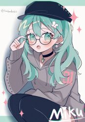 Rule 34 | + +, 1girl, :o, adjusting eyewear, alternate costume, aqua border, aqua eyes, aqua hair, aqua nails, artist name, black choker, black thighhighs, border, character name, choker, commentary, earrings, flower, flower earrings, grey hoodie, hair between eyes, hair flower, hair ornament, hand on own knee, hat, hatsune miku, highres, hood, hoodie, jewelry, light blush, looking at viewer, looking to the side, lower teeth only, maca1227, open mouth, slav squatting, solo, sparkle, squatting, symbol-only commentary, symbol-shaped pupils, teeth, thighhighs, twintails, twitter username, vocaloid, white background, white flower