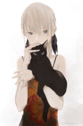 Rule 34 | 1girl, animal, black cat, blonde hair, blue eyes, cat, hair between eyes, hair ornament, hairclip, hands up, highres, holding, junito715, looking at viewer, original, signature, solo, upper body