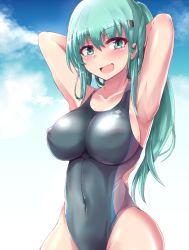 Rule 34 | alternate costume, alternate hairstyle, aqua eyes, aqua hair, armpits, arms behind head, blue sky, blush, breasts, cloud, collarbone, competition swimsuit, covered erect nipples, covered navel, day, groin, hair ornament, hairclip, highres, kantai collection, kihou no gotoku dmc, large breasts, long hair, looking at viewer, one-piece swimsuit, open mouth, outdoors, ponytail, sky, smile, solo, suzuya (kancolle), swimsuit, thighs, wet