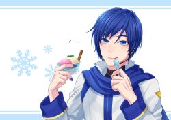 Rule 34 | 1boy, blue eyes, blue hair, blue scarf, eating, food, highres, ice cream, kaito (vocaloid), long sleeves, male focus, musical note, scarf, short hair, smile, snowflake print, tongue, tongue out, upper body, vocaloid, yuyht1758