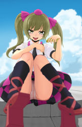 Rule 34 | 1girl, :p, ankle lace-up, black socks, blurry, cellphone, checkered clothes, checkered skirt, cloud, cross-laced footwear, day, female focus, foreshortening, geta, green eyes, green hair, hair ribbon, hat, hatimituboy123, highres, himekaidou hatate, long hair, matching hair/eyes, outdoors, panties, pantyshot, phone, ribbon, sitting, skirt, sky, socks, solo, tokin hat, tongue, tongue out, touhou, twintails, underwear