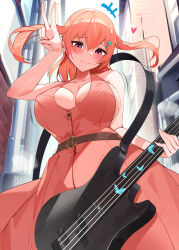 Rule 34 | 1girl, absurdres, bang dream!, bare arms, bass guitar, belt, blush, breasts, closed mouth, covered erect nipples, curvy, dress, guitar, heart, highres, hiromachi nanami, holding, holding instrument, instrument, large breasts, looking down, orange hair, outdoors, red dress, red hair, sideboob, smile, solo, standing, v, yeong r6