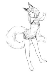 Rule 34 | 1girl, :o, animal ear fluff, animal ears, bare legs, barefoot, blunt bangs, commentary request, fox ears, fox girl, fox tail, full body, greyscale, holding tail, jaco, leaning forward, looking back, monochrome, off shoulder, original, shirt, short hair, shorts, sidelocks, sketch, solo, standing, tail, thick eyebrows, white background