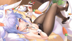 Rule 34 | 1girl, animal ear fluff, animal ears, animal print, bedroom, black footwear, black leotard, black pantyhose, blue hair, blush, bow, bowtie, braid, breasts, carrot hair ornament, closed mouth, cream, cream on face, crossed legs, day, detached collar, don-chan (usada pekora), eating, food, food-themed hair ornament, food on face, hair ornament, high heels, highres, holding, holding food, hololive, ice cream cup, indoors, keikei (kitty colors), leotard, light blue hair, looking at viewer, lying, medium breasts, multicolored hair, on back, on bed, pantyhose, plant, playboy bunny, rabbit ears, rabbit print, red eyes, short eyebrows, solo, swept bangs, thighs, twin braids, two-tone hair, usada pekora, usada pekora (1st costume), utensil in mouth, virtual youtuber, white hair, wrist cuffs