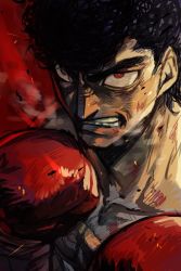Rule 34 | 1boy, bandages, black hair, boxing gloves, breath, bruise, clenched teeth, hajime no ippo, hungry clicker, injury, male focus, red background, red eyes, sanpaku, solo, takamura mamoru, teeth, upper body