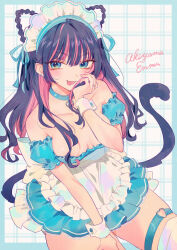 Rule 34 | 1girl, akiyama enma, animal ears, apron, blue eyes, blue hair, blue theme, blunt bangs, braid, breasts, breasts apart, cat tail, colored inner hair, dress, ear piercing, fake animal ears, frilled apron, frills, hand on own face, hand on own thigh, heart collar, heart o-ring, highres, jewelry, lace trim, leaning forward, long hair, looking to the side, maid headdress, medium breasts, multicolored hair, off-shoulder dress, off shoulder, original, piercing, pink hair, puffy short sleeves, puffy sleeves, ring, short dress, short sleeves, sleeve cuffs, smile, solo, streaked hair, tail, thigh strap, tongue, tongue out, tongue piercing, twin braids