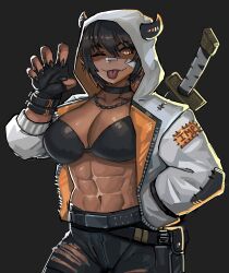 Rule 34 | 1girl, abs, absurdres, bandage on face, bandages, black nails, brown hair, choker, claw pose, dark skin, ezzydraws, fangs, gun, hand in pocket, handgun, highres, holster, horns, jacket, jewelry, looking at viewer, muscular, muscular female, necklace, one eye closed, orange eyes, original, short hair, simple background, solo, sword, tongue, tongue out, weapon, weapon on back