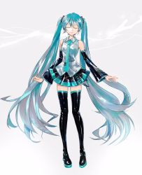 Rule 34 | 1girl, arms at sides, bad id, bad twitter id, bare shoulders, black skirt, black thighhighs, blue hair, blue nails, blue necktie, breasts, closed eyes, closed mouth, commentary, detached sleeves, eyelashes, fingernails, full body, grey background, hair between eyes, hatsune miku, highres, light smile, long hair, nail polish, necktie, osushimanchan, pleated skirt, shiny clothes, shiny legwear, shiny skin, shirt, simple background, skirt, sleeveless, sleeveless shirt, small breasts, solo, standing, symbol-only commentary, thighhighs, twintails, very long hair, vocaloid, white background, white shirt, zettai ryouiki