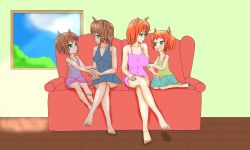 Rule 34 | age difference, animal ear fluff, animal ears, arm grab, ayano kuronami, brown hair, camisole, child, couch, dual persona, feet, green eyes, wooden floor, highres, crossed legs, looking at another, aged up, open mouth, orange hair, riceball (unsafermike2002), sitting, skirt, sky, spaghetti strap, toes, twintails, window, aged down