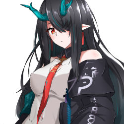 Rule 34 | 1girl, arknights, black hair, black jacket, clothing cutout, dragon girl, dragon horns, dress, dusk (arknights), highres, horns, jacket, long hair, looking at viewer, maiq06, open clothes, open jacket, pointy ears, red eyes, red neckwear, simple background, sleeveless, sleeveless dress, solo, upper body, white background, white dress