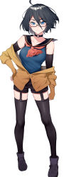 Rule 34 | 1girl, absurdres, ahoge, arm at side, bare shoulders, black choker, black footwear, black gloves, black hair, black sleeves, black thighhighs, blue eyes, blush, boots, braid, braided bangs, breasts, brown cardigan, brown gloves, cardigan, choker, closed mouth, collarbone, commentary request, detached sleeves, frown, full body, garter straps, genderswap, genderswap (mtf), gloves, hair between eyes, hand on own hip, highres, indie virtual youtuber, kushizaki (vtuber), looking at viewer, medium breasts, mole, mole on thigh, neckerchief, off shoulder, red-framed eyewear, ribbed gloves, semi-rimless eyewear, short hair, shorts, simple background, single braid, solo, st (youx1119), standing, thighhighs, under-rim eyewear, virtual youtuber, white background
