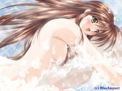 Rule 34 | 1girl, bathroom, blush, breasts, brown hair, completely nude, dutch angle, female focus, game cg, green eyes, haga kazane, long hair, medium breasts, nude, open mouth, showering, smile, soap bubbles, solo, very long hair, watermark, working days, yamamoto kazue