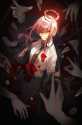 Rule 34 | 1girl, blood, blood on clothes, blood on face, blouse, braid, broken glass, chain, chainsaw man, clothes pull, collared shirt, formal, glass, halo, highres, imi fumei (imifu-imifu), jacket, jacket pull, long hair, looking at viewer, makima (chainsaw man), multiple hands, necktie, pant suit, pants, shirt, single braid, solo, suit, white shirt