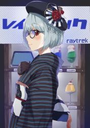 Rule 34 | 1girl, absurdres, beret, black gloves, black hat, blush, bob cut, closed mouth, flower, from side, glasses, gloves, grey hair, haru yu, hat, hat flower, highres, japanese clothes, kimono, looking at viewer, obi, obiage, obijime, original, profile, red eyes, red flower, red rose, rose, sash, short hair, smile, solo, upper body