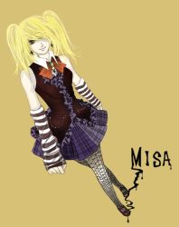Rule 34 | 00s, 1girl, amane misa, blonde hair, blue skirt, bow, bowtie, brown eyes, cross, death note, dutch angle, fishnets, frills, full body, goth fashion, long sleeves, looking at viewer, necktie, pantyhose, red bow, red bowtie, short hair, simple background, skirt, solo, standing, twintails, vest, yellow background