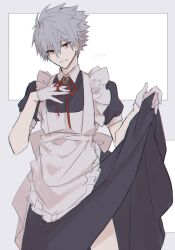 Rule 34 | 1boy, apron, closed mouth, crossdressing, gloves, grey background, grey hair, hand on own chest, highres, maid, maid apron, male focus, male maid, multicolored background, nagisa kaworu, neon genesis evangelion, red eyes, short hair, short sleeves, sketch, smile, solo, spiked hair, white background, white gloves, yuki fumuke