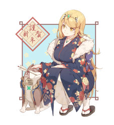 Rule 34 | 1girl, ^ ^, alternate costume, animal, arrow (projectile), blonde hair, blush, breasts, closed eyes, clothed animal, cloud, cosplay, dog, floral print, full body, fur trim, gem, geta, hairband, hamaya, happy, highres, japanese clothes, kimono, large breasts, long hair, long sleeves, mythra (xenoblade), nian (zhanian), nintendo, obi, print kimono, rex (xenoblade), rex (xenoblade 2), rex (xenoblade 2) (cosplay), sash, smile, socks, solo, squatting, swept bangs, tabi, translation request, white socks, wide sleeves, xenoblade chronicles (series), xenoblade chronicles 2, yellow eyes, yellow hairband