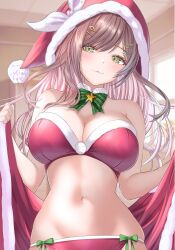 1girl :3 bare_arms bare_shoulders bikini bow bowtie breasts brown_hair christmas cleavage closed_mouth commission cowboy_shot fur_choker fur_trim green_eyes hair_ornament hairclip hat highres indie_virtual_youtuber large_breasts long_hair looking_at_viewer miori_celesta navel red_bikini red_hat santa_bikini santa_hat second-party_source side-tie_bikini_bottom smile solo stomach swimsuit virtual_youtuber wakaunderblade7