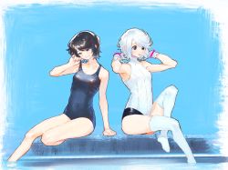 Rule 34 | 2girls, bare shoulders, black eyes, black hair, blue one-piece swimsuit, blush, bukimi isan, collarbone, foot out of frame, foreshortening, frown, gloves, hand up, hands up, highres, holding strap, looking down, momijiyama teru, multiple girls, no shoes, one-piece swimsuit, open mouth, school swimsuit, shiny clothes, short hair, shy (character), shy (series), sitting, swept bangs, swimsuit, thighhighs, tongue, tongue out, water, white gloves, white hair, white one-piece swimsuit
