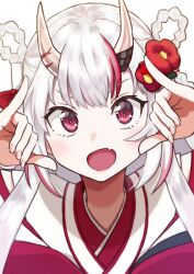 Rule 34 | 1girl, @-you (you 2023 8 16), braid, fang, hair ornament, highres, hololive, horns, japanese clothes, multicolored hair, nakiri ayame, open mouth, red eyes, red hair, skin-covered horns, skin fang, streaked hair, virtual youtuber, white hair