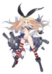 Rule 34 | 10s, 1girl, black panties, blonde hair, blue eyes, breasts, elbow gloves, gloves, highres, kantai collection, long hair, looking at viewer, nipples, panties, primrose, pussy, rensouhou-chan, shimakaze (kancolle), small breasts, solo, striped clothes, striped thighhighs, thighhighs, torn clothes, uncensored, underwear, white gloves