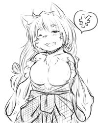Rule 34 | 1girl, animal ears, bad id, bad pixiv id, breasts, furry, furry female, greyscale, koishi chikasa, looking at viewer, monochrome, nipples, open mouth, original, simple background, sketch, smile, solo, white background, yen sign