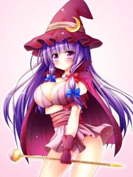Rule 34 | 1girl, adapted costume, blue ribbon, blunt bangs, breast hold, breasts, cape, cleavage, crescent, crescent moon, dress, female focus, gloves, hair ribbon, hat, highres, large breasts, long hair, magical girl, microdress, miniskirt, moon, no panties, osashin (osada), patchouli knowledge, pink background, purple dress, purple eyes, red ribbon, revealing clothes, ribbon, short dress, simple background, skirt, solo, touhou, tress ribbon, wand, witch hat