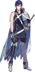 Rule 34 | 1boy, blue eyes, blue hair, cape, chrom (fire emblem), ebira, falchion (fire emblem), fire emblem, fire emblem awakening, fire emblem heroes, full body, gloves, highres, looking at viewer, male focus, nintendo, official art, short hair, smile, solo, sword, transparent background, weapon